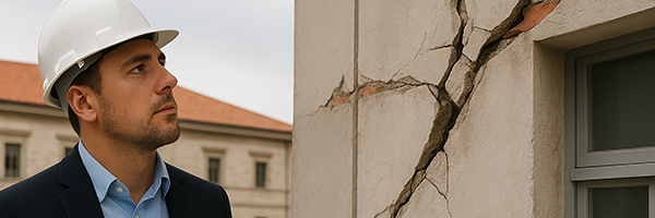 Ingegnere specializzato in ingegneria sismica osserva danno a edificio causato da terremoto