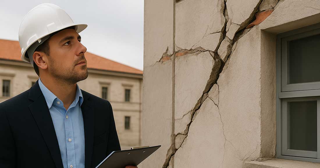 Ingegnere osserva danno a edificio provocato da terremoto