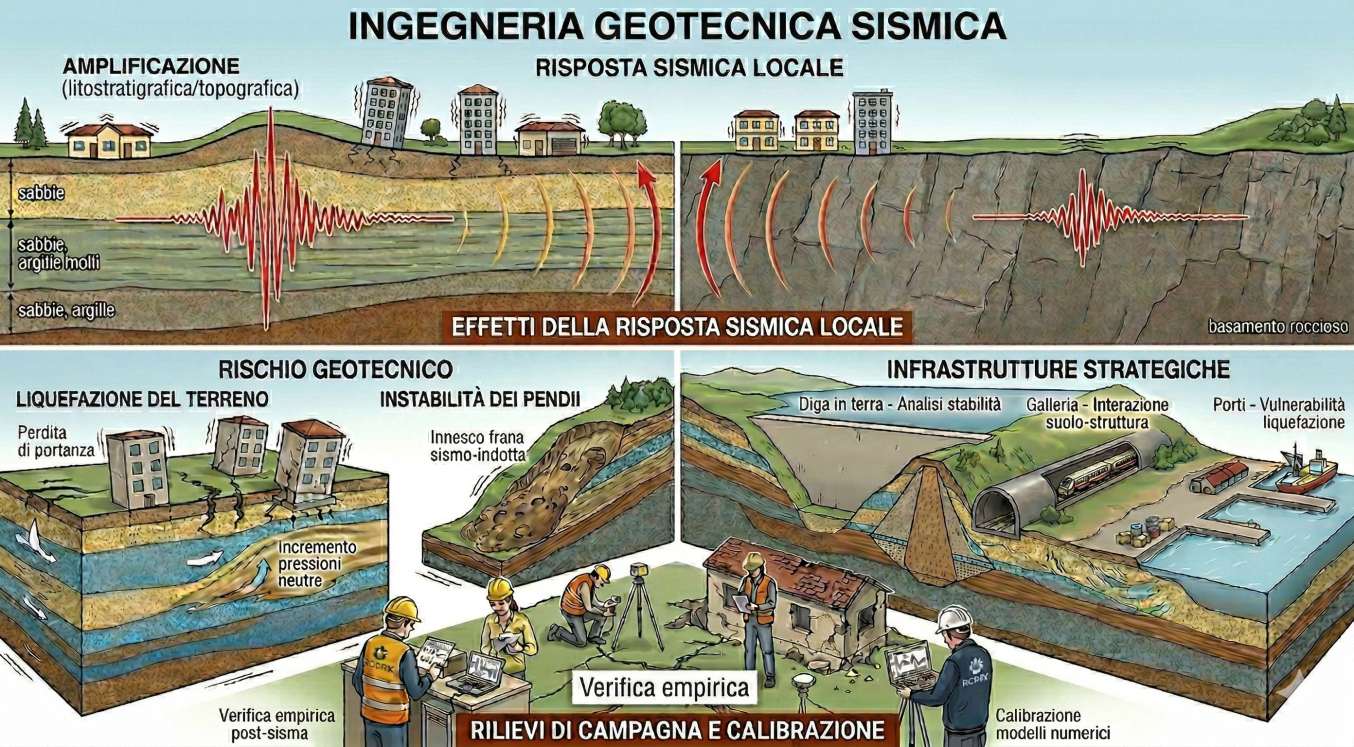 Illustrazione che riassume cosa fa Ingegneria geotecnica sismica con esempi di risposta locale, liquefazione e vulnerabilità delle infrastrutture