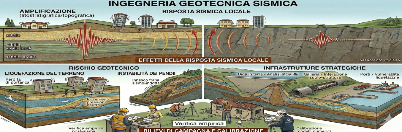 Anteprima illustrazione che riassume cosa fa Ingegneria geotecnica sismica con esempi di risposta locale, liquefazione e vulnerabilità delle infrastrutture