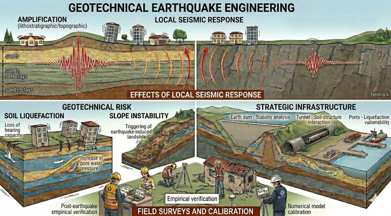 Illustration summarising what earthquake geotechnical engineering does, with examples of local response, liquefaction, and infrastructure vulnerability.