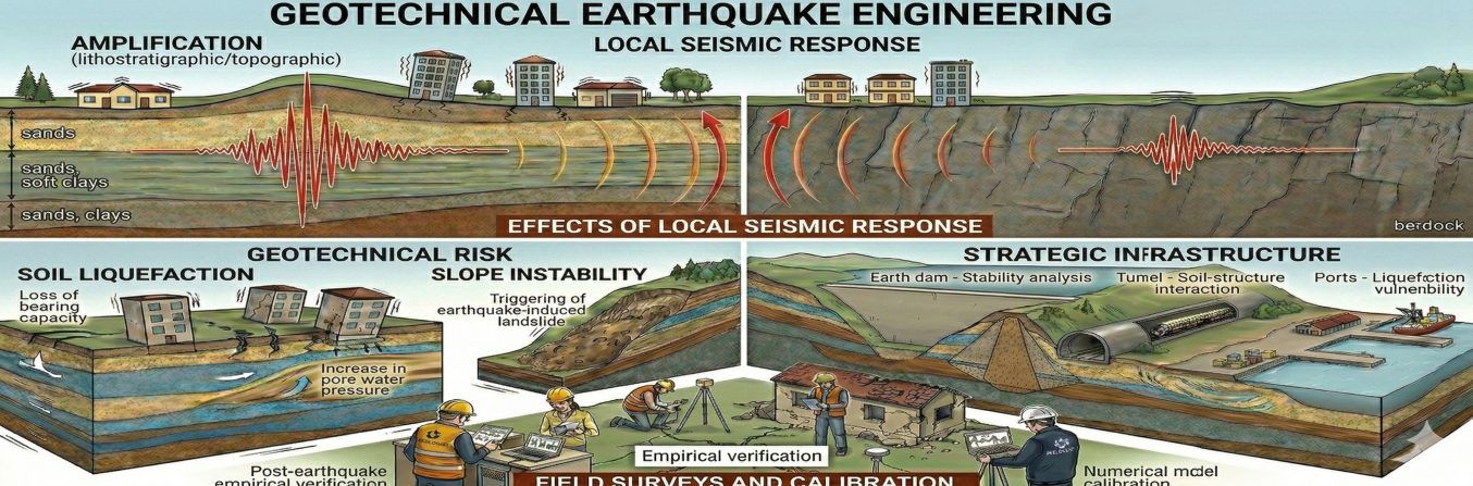 preview of an Illustration summarising what earthquake geotechnical engineering does, with examples of local response, liquefaction, and infrastructure vulnerability.