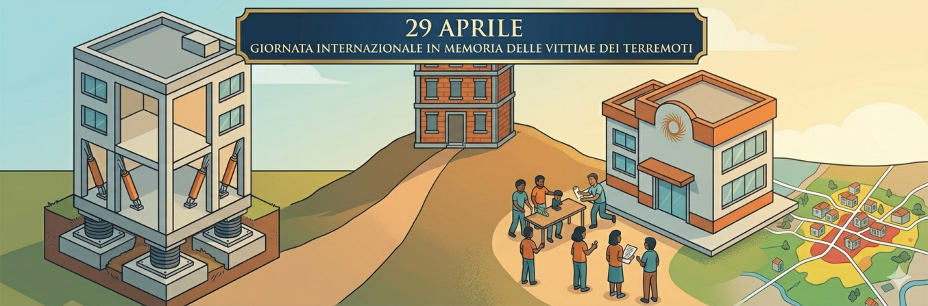 banner con illustrazione per 29 aprile, giornata internazionale dedicata alle vittime dei terremoti