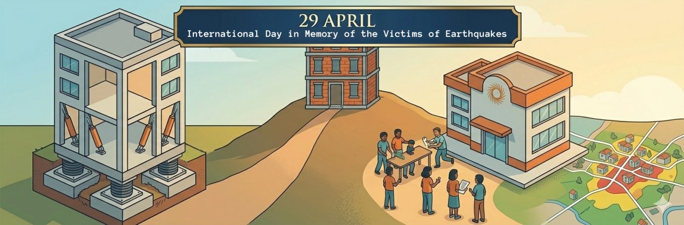 banner featuring a graphic illustration and the text ‘29 April: International Day of Remembrance for the Victims of Earthquakes’