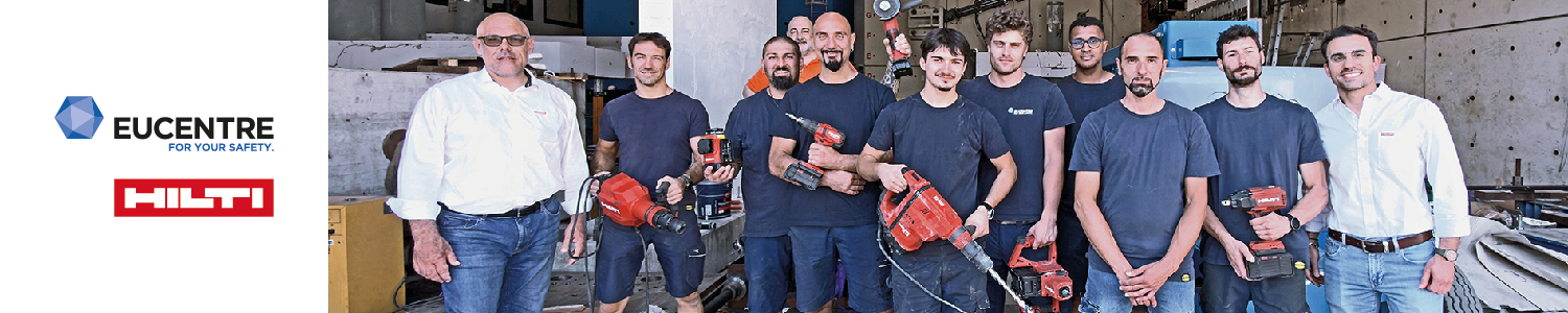 Eucentre’s team of laboratory technicians, together with Hilti specialists.