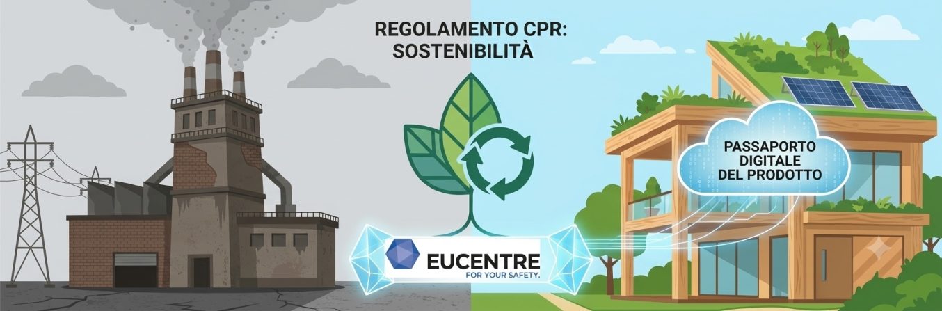 banner per regolamento CPR sostenibile con immagine vecchia industria e immobile sostenibile messi a confronto
