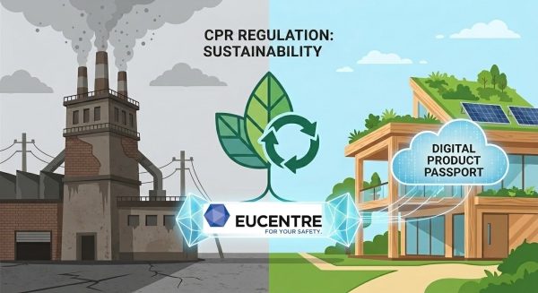Image illustrating the sustainable CPR regulation, showing a comparison between an old industrial building and a sustainable building