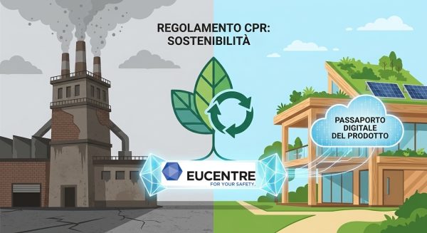 banner per regolamento CPR sostenibile con immagine vecchia industria e immobile sostenibile messi a confronto